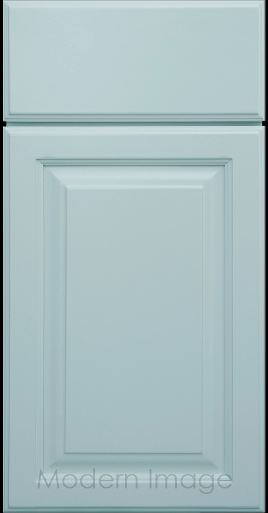 Hampton kitchen cabinets featuring raised panel doors and flat slab drawer fronts in a Niebla Azul color.